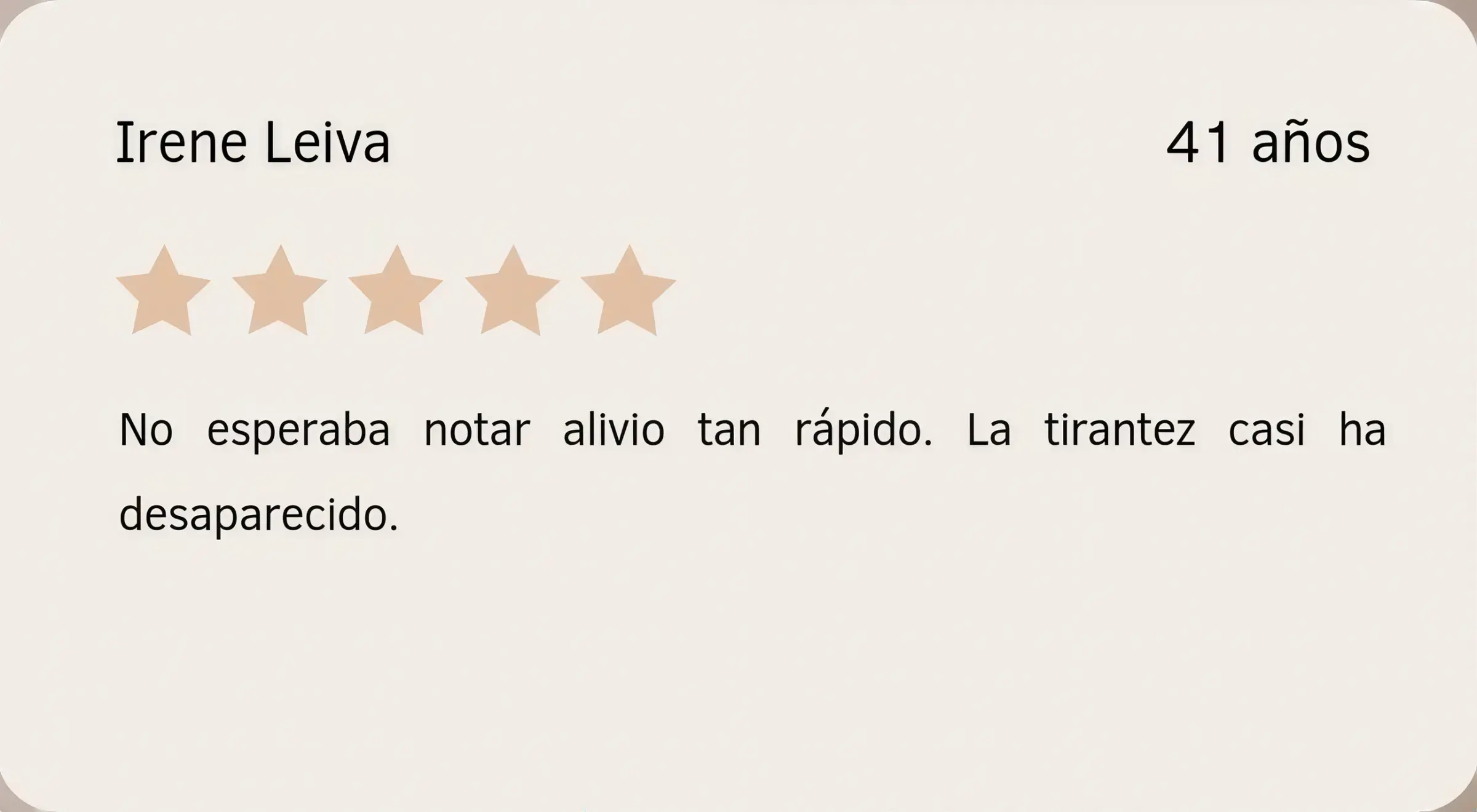 Testimonio de Irene Leiva sobre Piel en Equilibrio Tarjeta con reseña de Irene Leiva sobre su experiencia con Piel en Equilibrio en Depidi.