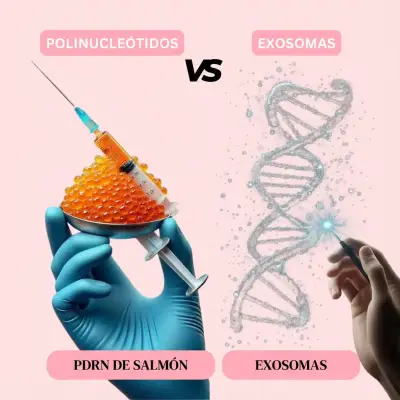 Infografía comparativa entre polinucleótidos PDRN de salmón y exosomas en tratamientos faciales.
