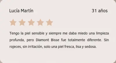 Tarjeta con reseña de Lucía Martín sobre su experiencia con un tratamiento Diamont Bisse en Depidi.