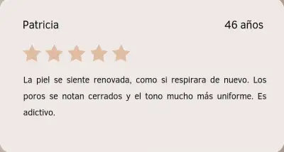 Tarjeta con reseña de Patricia sobre su experiencia con un tratamiento Diamont Bisse en Depidi.