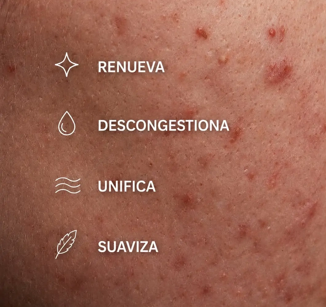 Gráfico sobre piel con acné que destaca renovación, descongestión, unificación y suavidad.